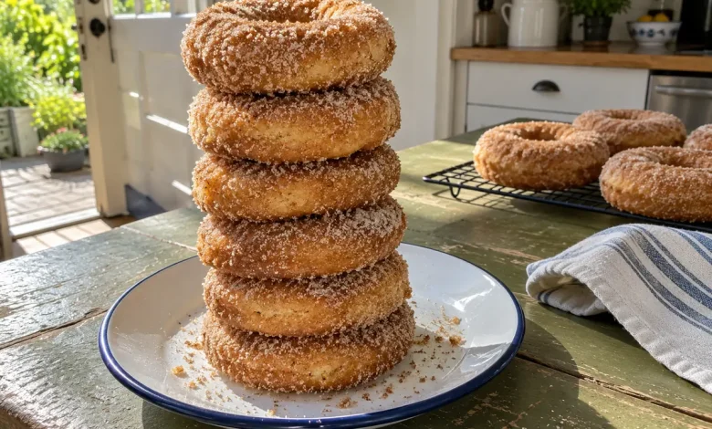 Stack of baked cinnamon sugar donuts with a thick sparkly cinnamon sugar coating on a plate