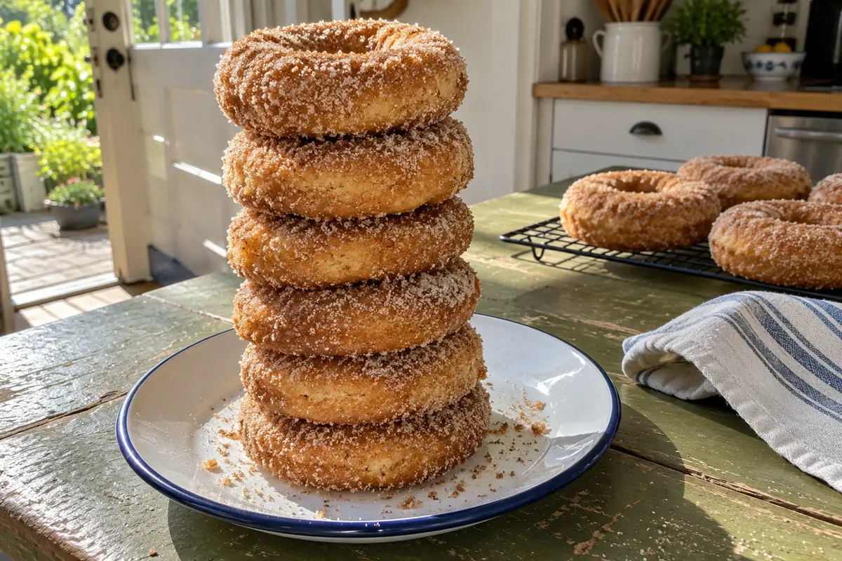 Stack of baked cinnamon sugar donuts with a thick sparkly cinnamon sugar coating on a plate
