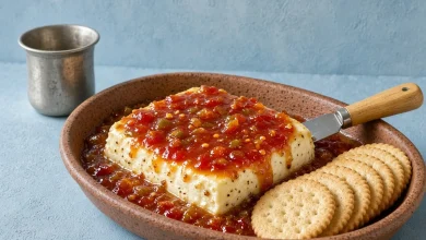 Baked cream cheese with pepper jelly in a speckled terracotta oval dish with a spreader and buttery round crackers on a powder-blue plaster backdrop