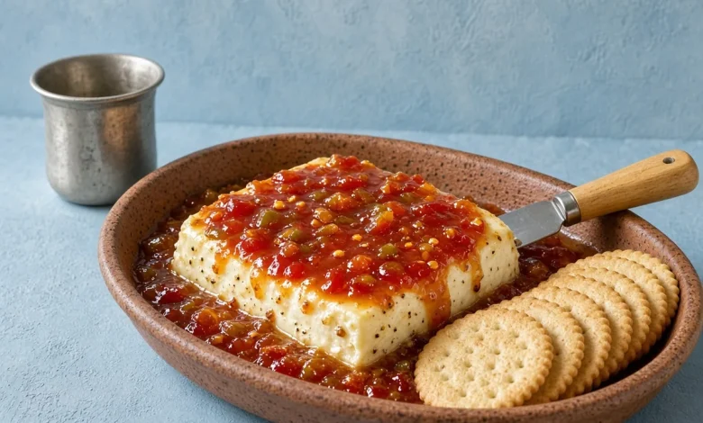 Baked cream cheese with pepper jelly in a speckled terracotta oval dish with a spreader and buttery round crackers on a powder-blue plaster backdrop