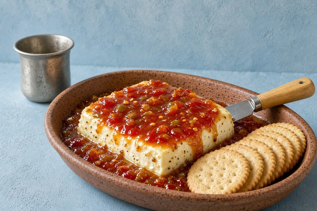 Baked cream cheese with pepper jelly in a speckled terracotta oval dish with a spreader and buttery round crackers on a powder-blue plaster backdrop