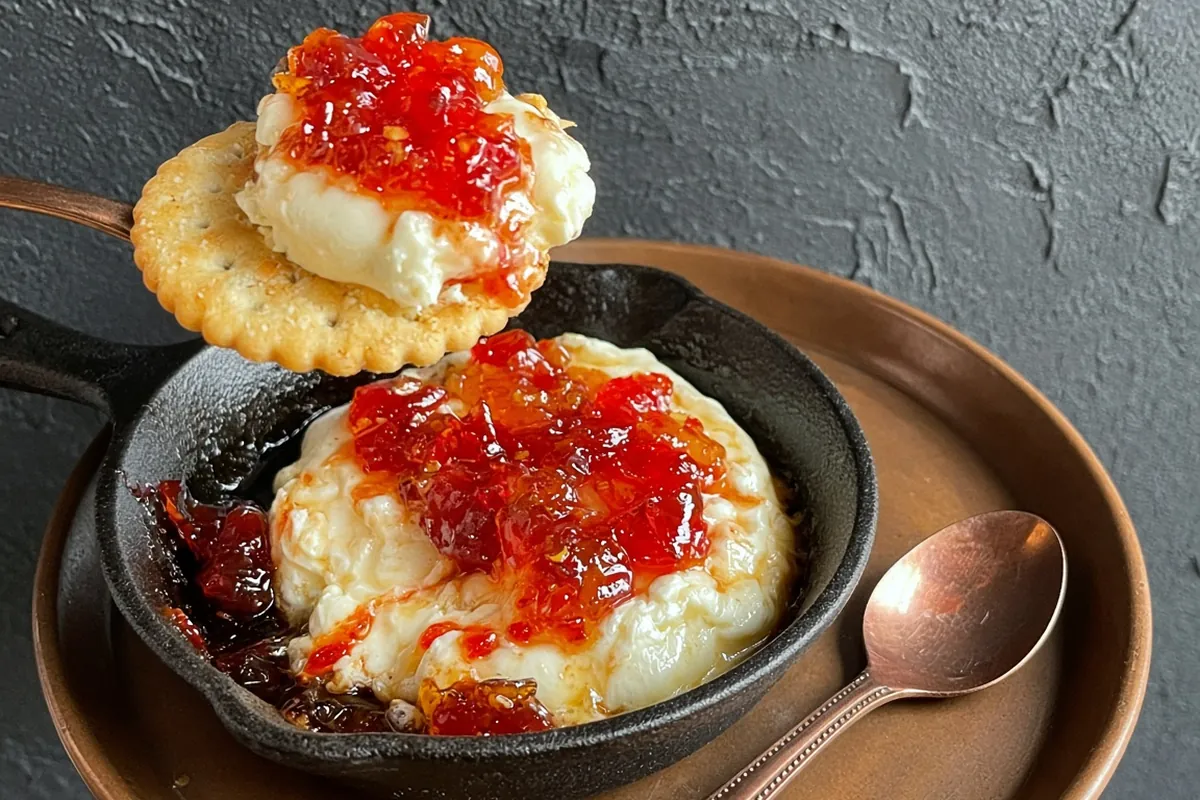 A buttery round cracker lifting a scoop of baked cream cheese with pepper jelly from a small cast-iron skillet on charcoal slate with copper accents