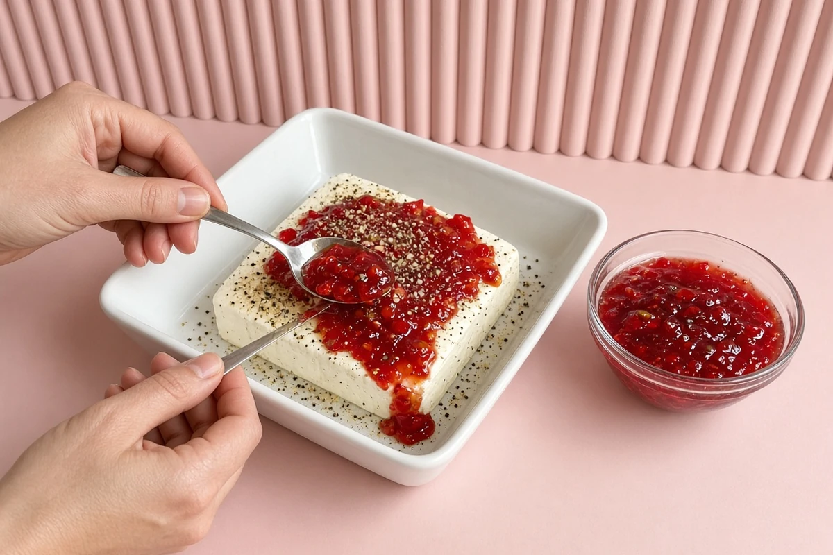 Spooning sweet jalapeno pepper jelly over a peppered block of cream cheese in a white baking dish on a blush-pink fluted backdrop