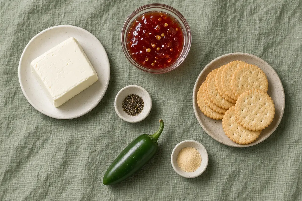 Ingredients for baked cream cheese with pepper jelly: cream cheese, pepper jelly, black pepper, garlic powder, a jalapeno and round crackers on sage-green linen