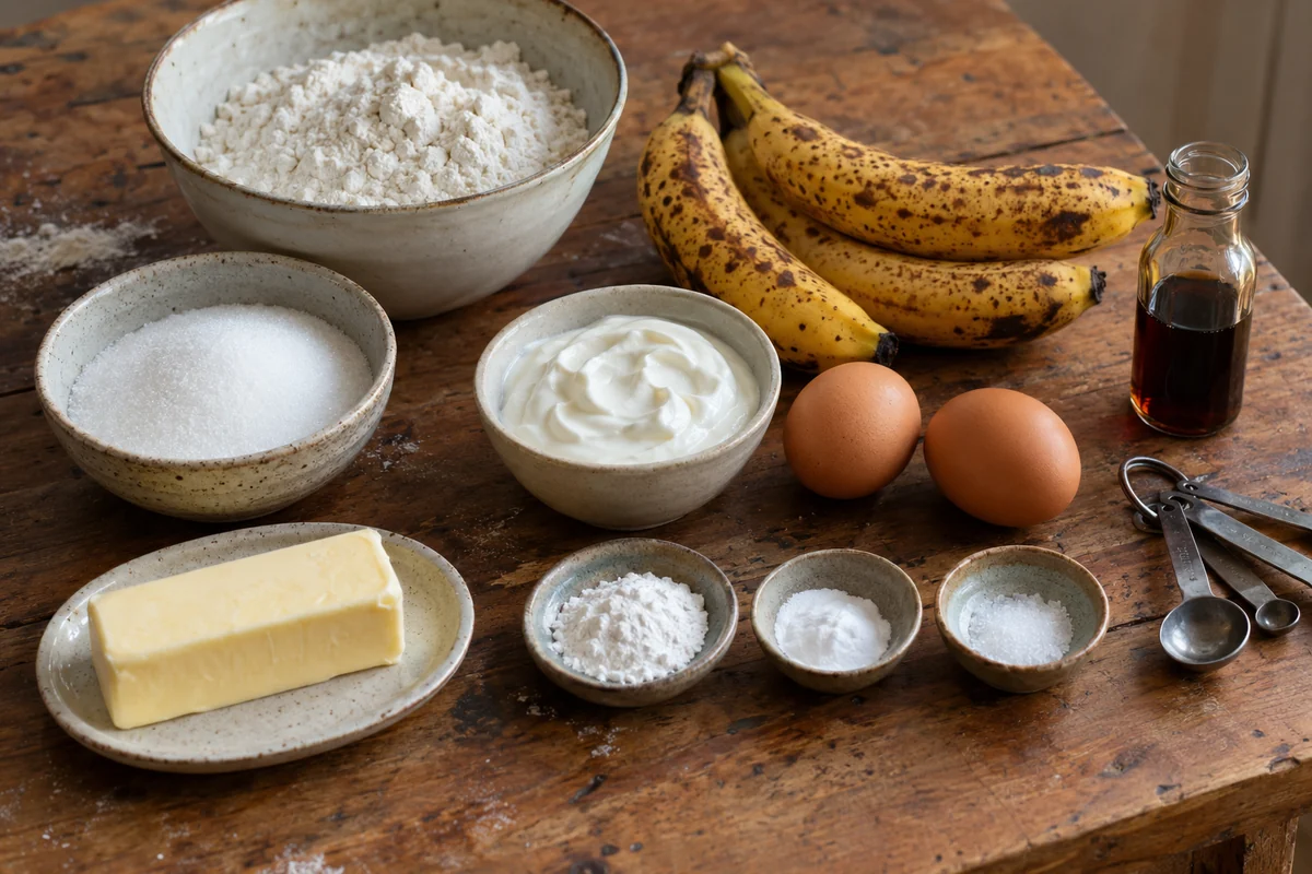 Ingredients for sour cream banana bread laid out in plain bowls: butter, sugar, eggs, sour cream, ripe bananas, flour, baking powder, baking soda and salt