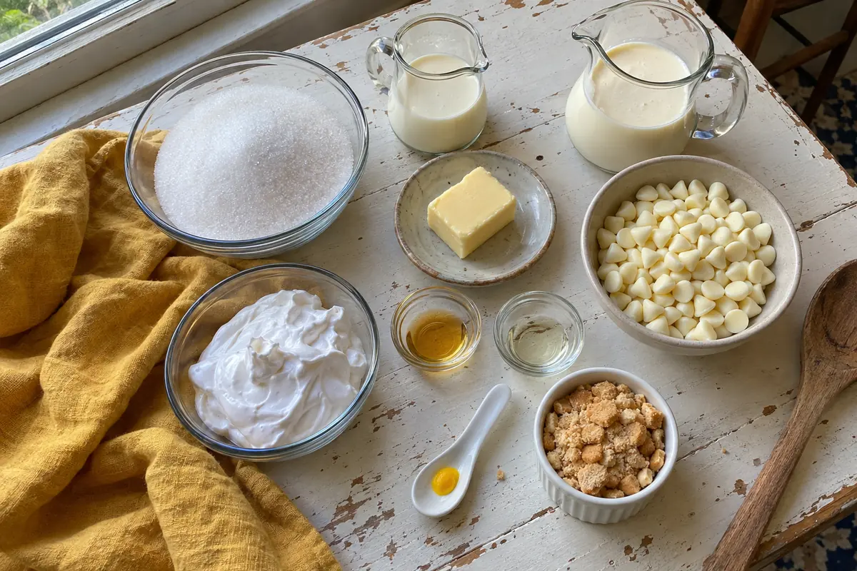 Ingredients for 1950s banana fudge: sugar, butter, half-and-half, heavy cream, white baking chips, marshmallow creme, banana extract, vanilla, yellow gel color and vanilla wafers