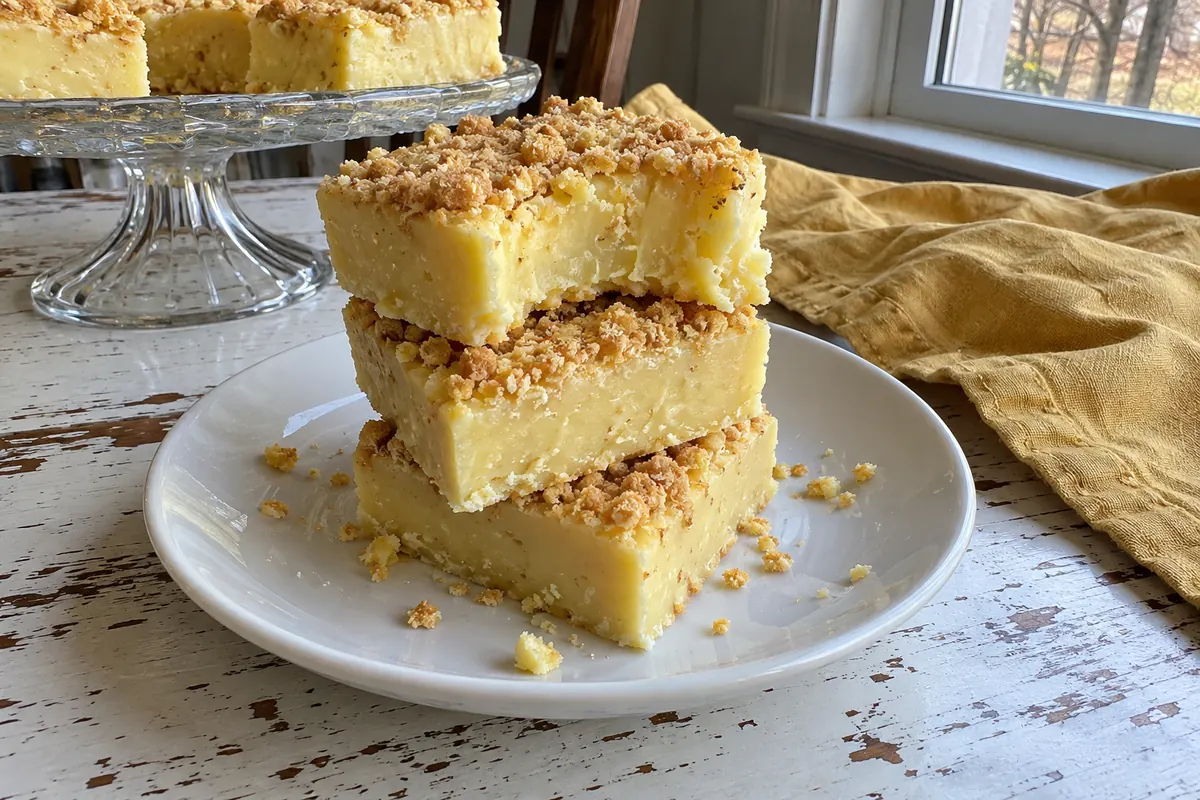 A stack of creamy pale yellow banana fudge squares with one piece bitten showing the smooth soft texture