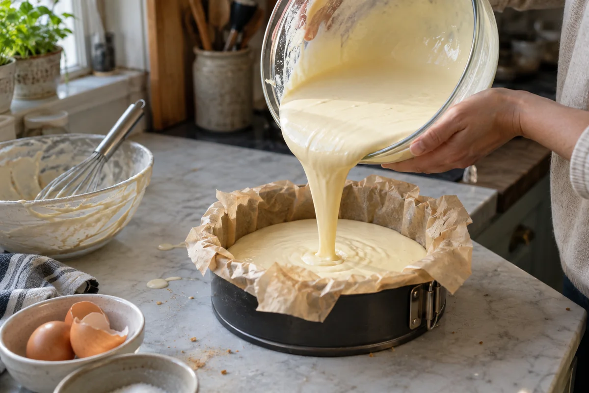 Pouring smooth cheesecake batter into a parchment-lined springform pan