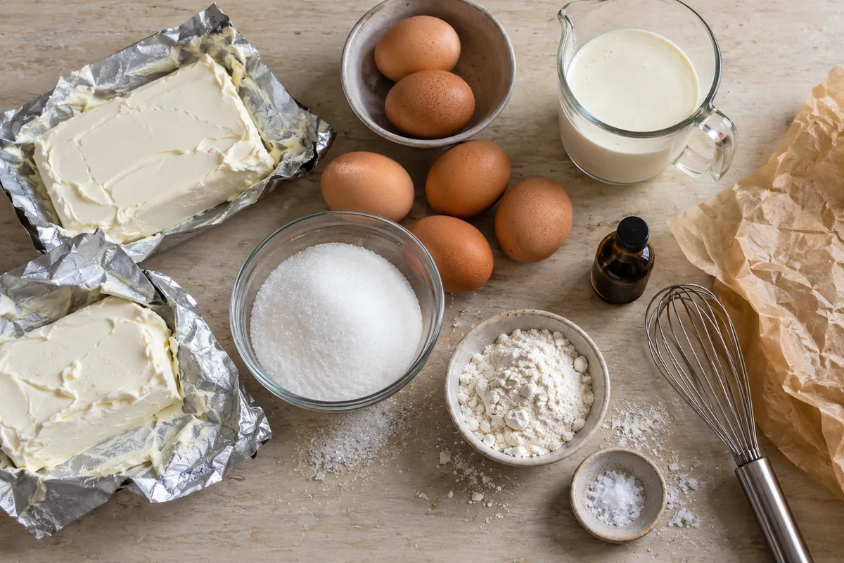 Overhead view of Basque burnt cheesecake ingredients: cream cheese, eggs, sugar, heavy cream, vanilla, flour and salt