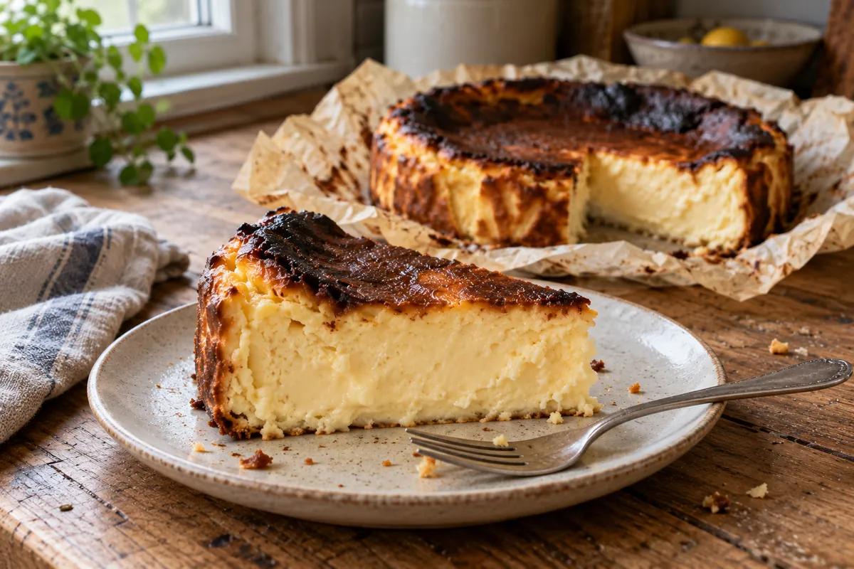 Slice of Basque burnt cheesecake showing a creamy, pale custardy centre and dark caramelized top
