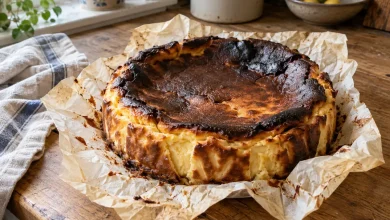 Whole Basque burnt cheesecake with a deeply browned, cracked top on crumpled parchment paper in a home kitchen