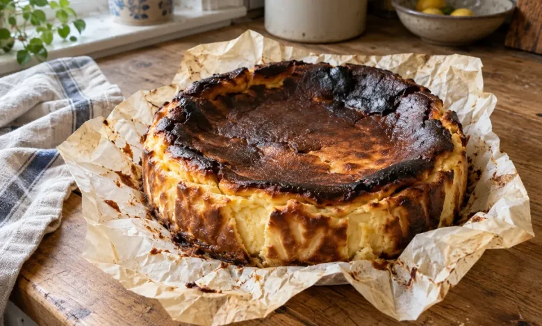 Whole Basque burnt cheesecake with a deeply browned, cracked top on crumpled parchment paper in a home kitchen