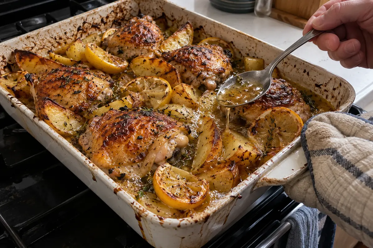 Spooning pan juices over roasting Greek lemon chicken thighs and potatoes
