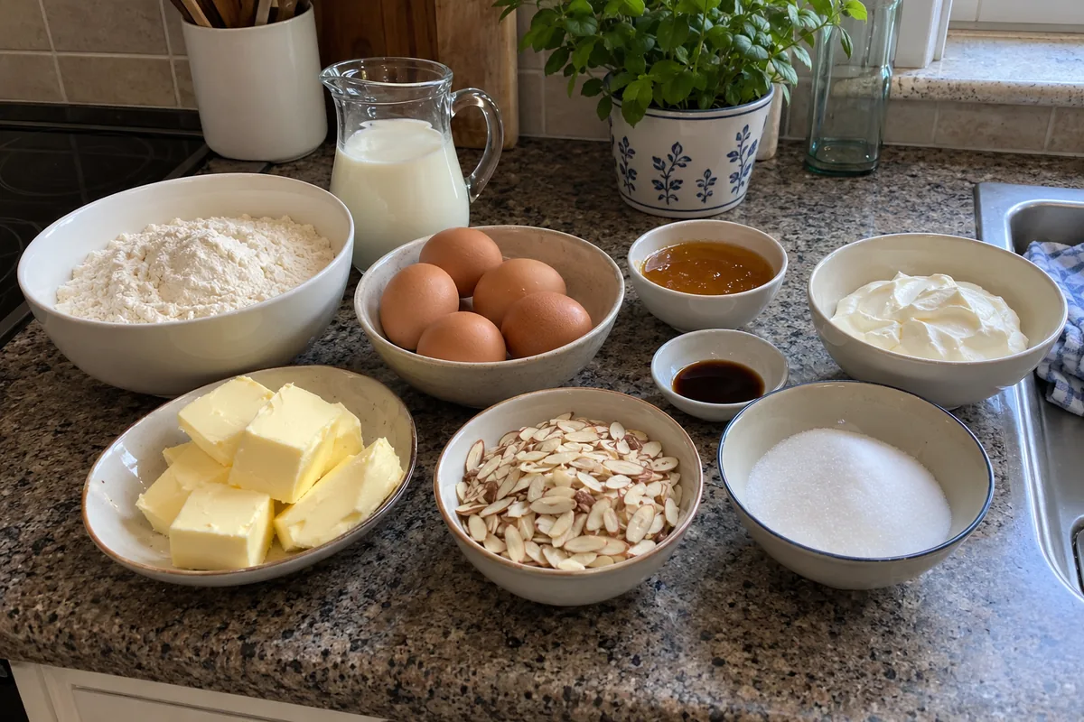 Ingredients for bee sting cake in plain unlabeled bowls: flour, milk, eggs, butter, honey, sliced almonds, sugar, vanilla and cream