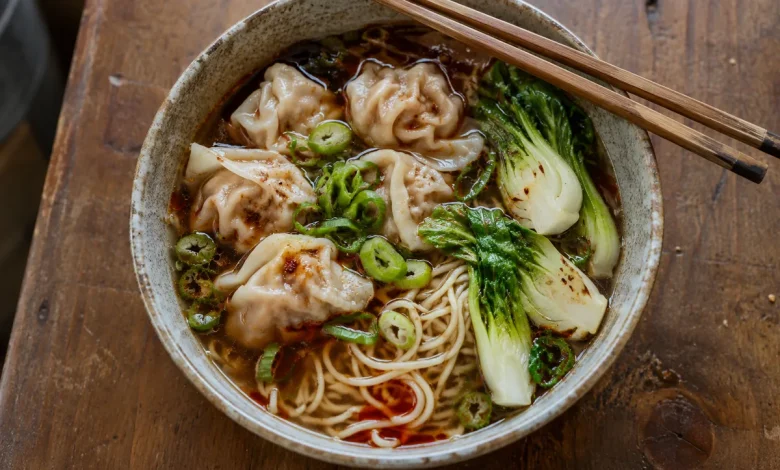 Top-down view of wonton noodle soup in a ceramic bowl with dark beef broth, red chili oil, pleated pork wontons, bok choy, noodles and scallions with chopsticks