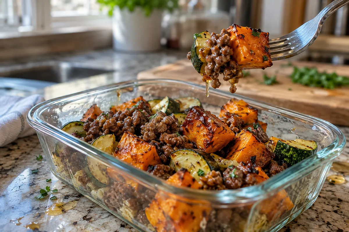 Close-up of a fork lifting a bite of browned ground beef and roasted sweet potato from a high-protein meal prep bowl