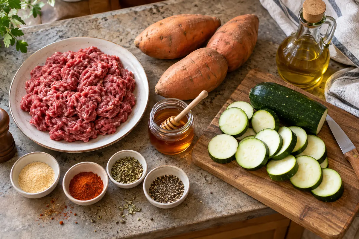 Overhead view of ingredients for a beef sweet potato bowl: lean ground beef, sweet potatoes, zucchini, olive oil, honey and spices