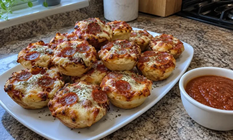 White platter piled with golden biscuit dough pizza bites topped with melted cheese and pepperoni next to a small bowl of pizza sauce