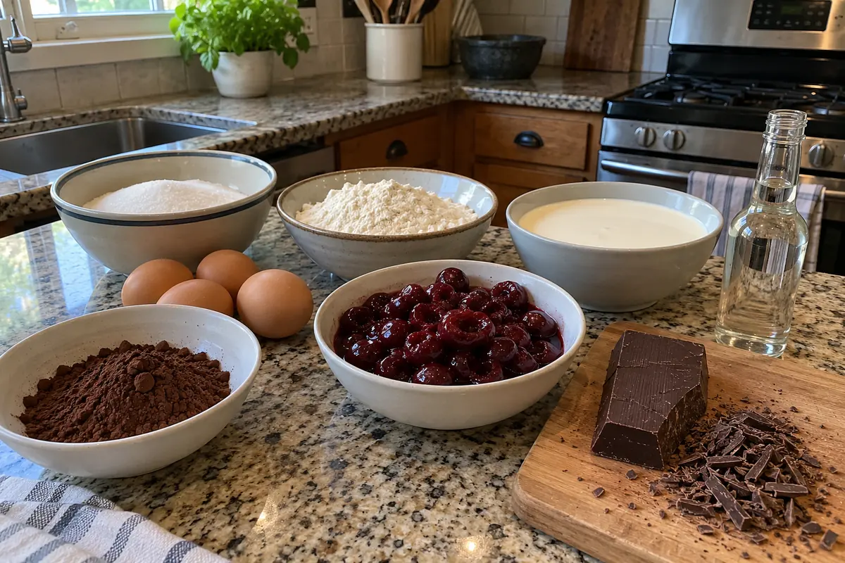 Ingredients for black forest cake: cocoa powder, eggs, sugar, flour, heavy cream, drained sour cherries, dark chocolate and kirsch