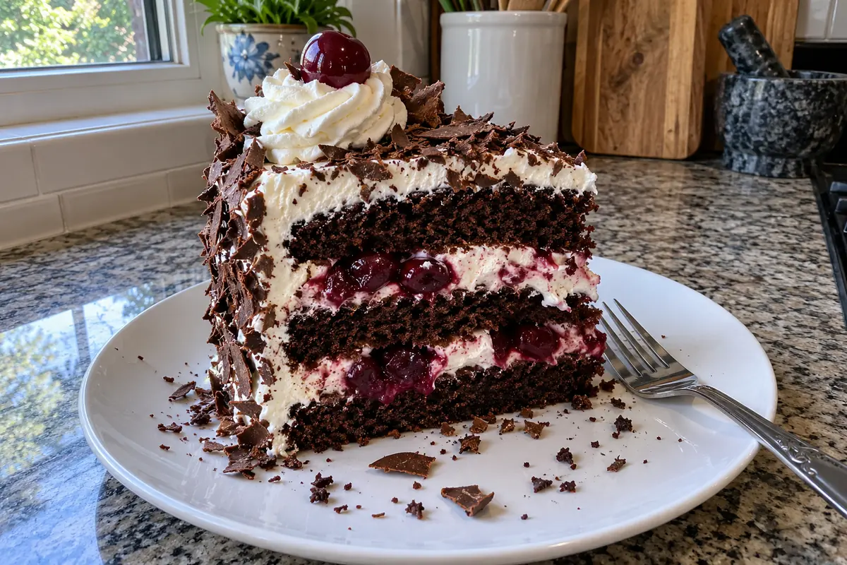 Slice of black forest cake on a white plate showing chocolate sponge layers, whipped cream and sour cherries with chocolate shavings on top