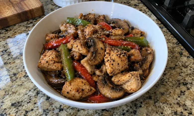 White bowl of black pepper chicken and mushrooms with seared chicken, browned mushrooms and bell pepper strips in glossy sauce