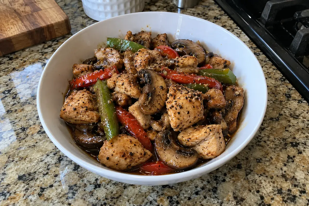 White bowl of black pepper chicken and mushrooms with seared chicken, browned mushrooms and bell pepper strips in glossy sauce