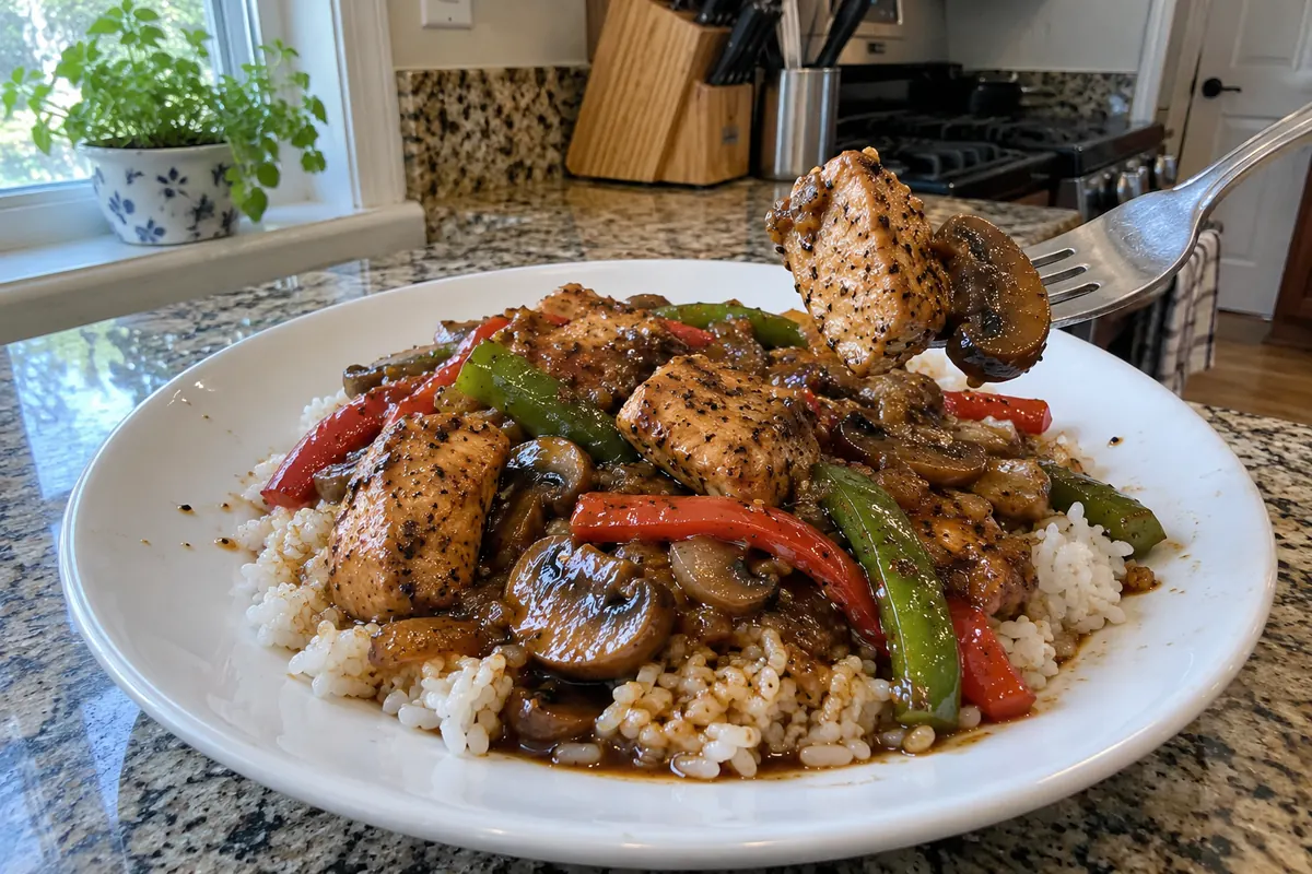 Black pepper chicken and mushrooms served over white rice on a plate
