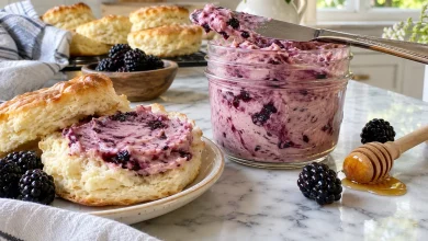 Blackberry honey butter in a glass jar with a knife and a warm biscuit spread with it