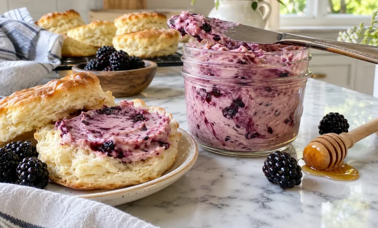 Blackberry honey butter in a glass jar with a knife and a warm biscuit spread with it