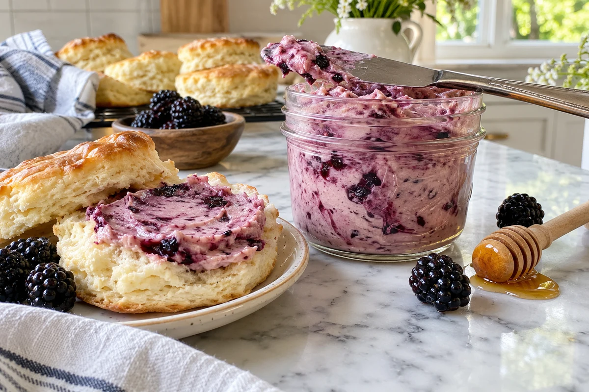 Blackberry honey butter in a glass jar with a knife and a warm biscuit spread with it