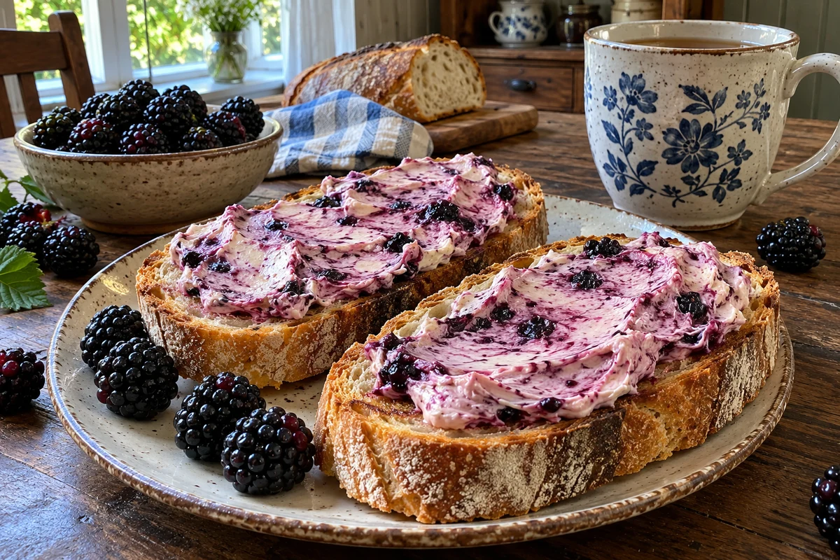 Blackberry honey butter spread on toast with fresh blackberries on a table