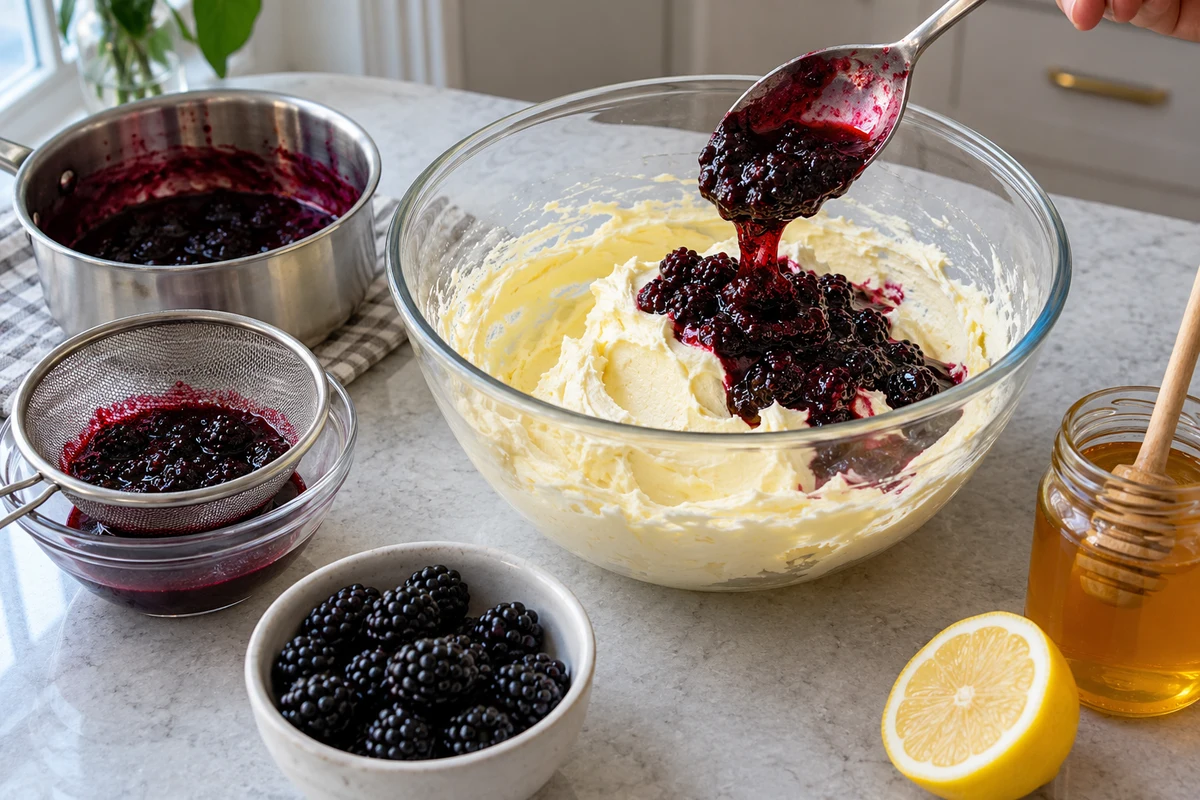 Jammy cooked blackberries being added to whipped butter in a mixing bowl