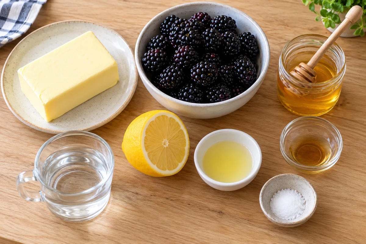 Overhead view of blackberry honey butter ingredients
