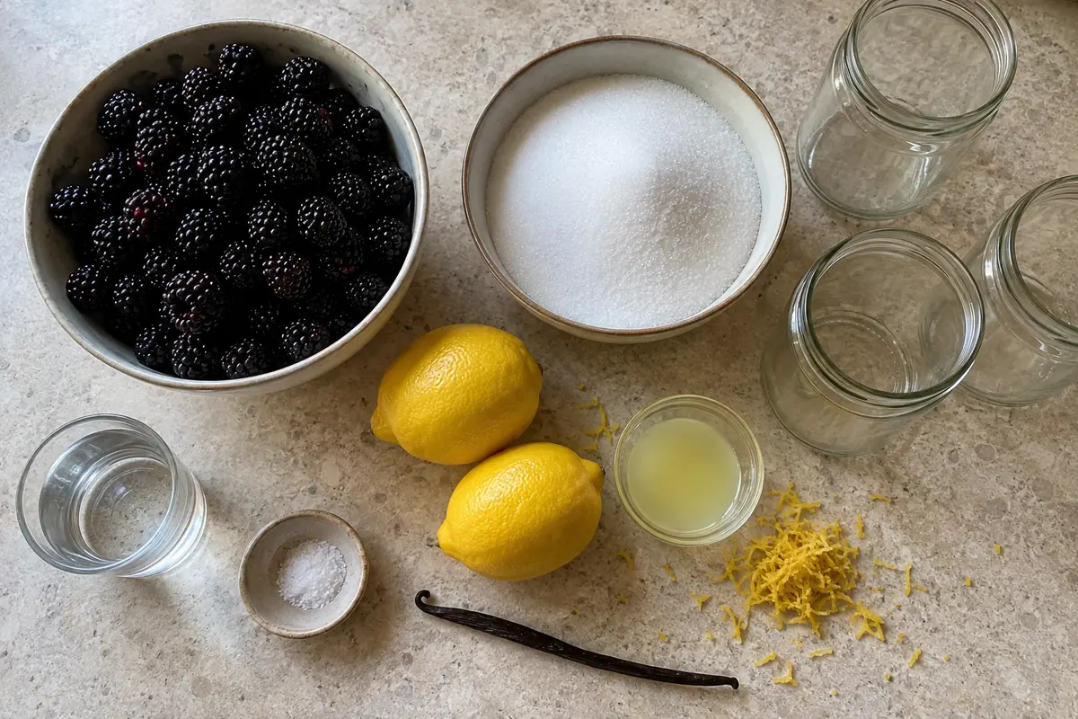 Ingredients for blackberry vanilla jam: blackberries, white sugar, lemon, vanilla bean, water and salt