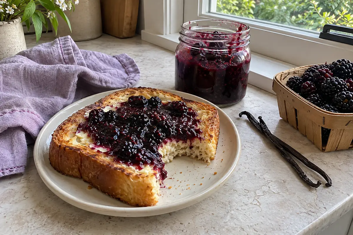 Blackberry vanilla jam spread on toasted brioche with butter