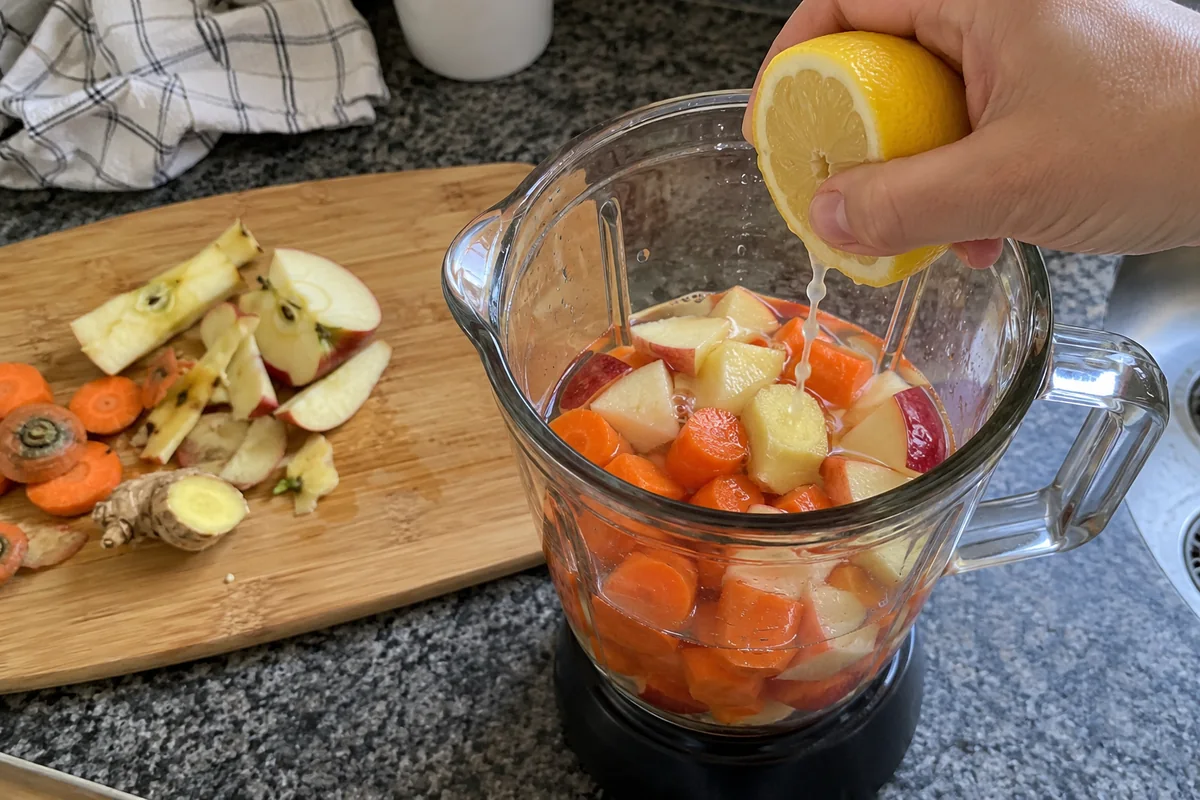 Blending carrots, apples, ginger and lemon for apple and carrot refresher