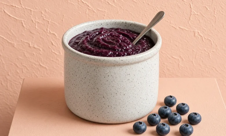 Crockpot blueberry butter in a speckled stoneware crock with a spoon and fresh blueberries