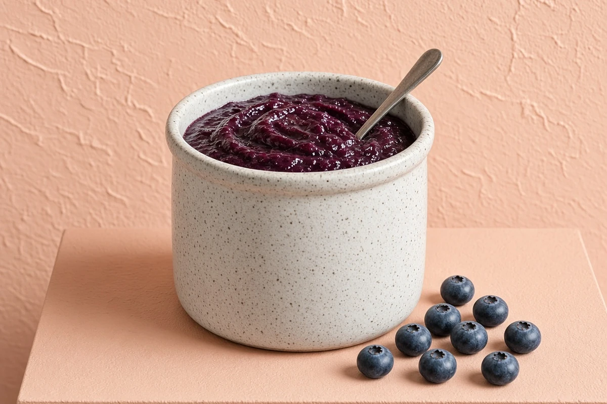 Crockpot blueberry butter in a speckled stoneware crock with a spoon and fresh blueberries