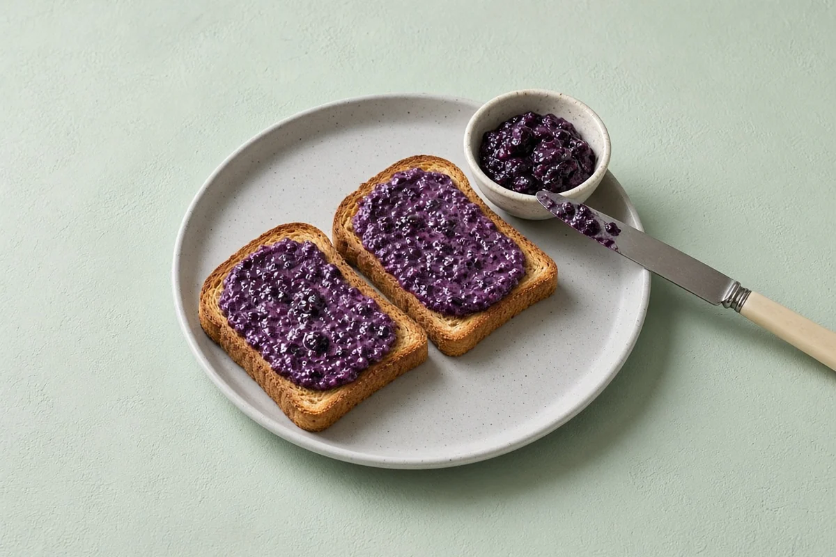 Toast spread with thick homemade blueberry butter on a gray plate with a small dish of blueberry butter