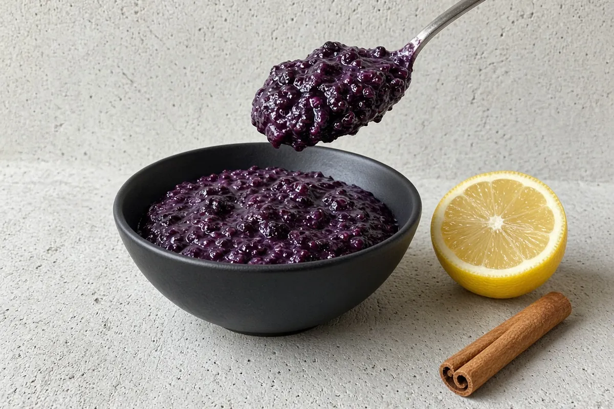 Spoon lifting thick slow cooker blueberry butter from a black bowl with lemon and a cinnamon stick
