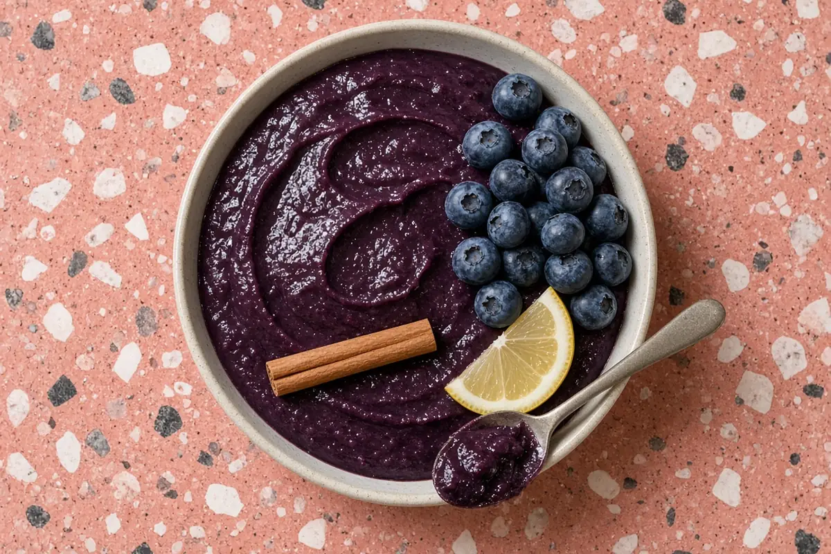 Overhead view of smooth blueberry butter in a round dish with fresh blueberries, lemon and cinnamon