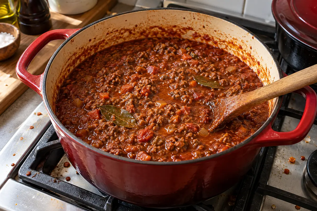 Pot of bolognese ragù simmering slowly in a Dutch oven on the stove
