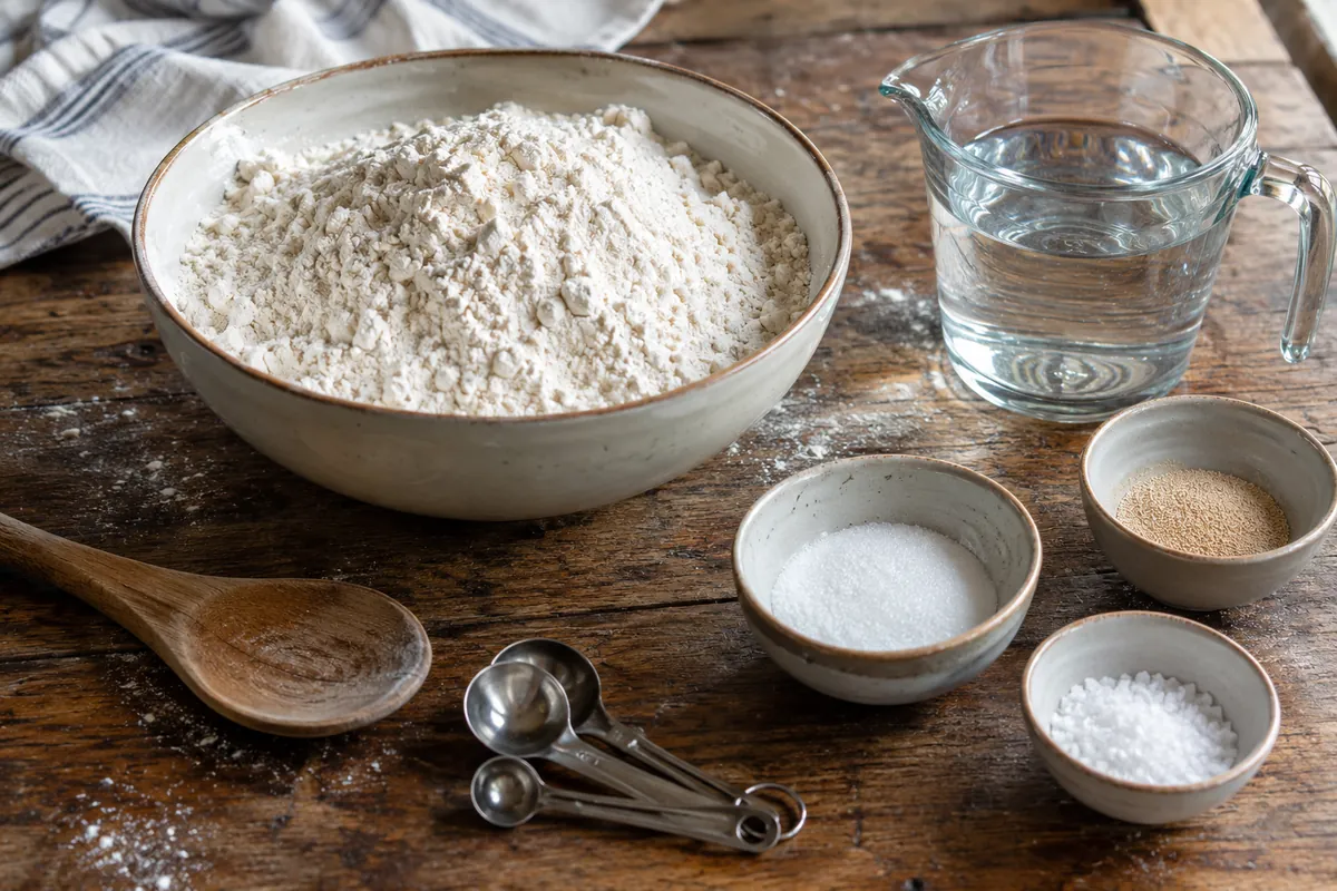 Ingredients for no knead bread laid out in plain bowls: flour, sugar, salt, active dry yeast and warm water