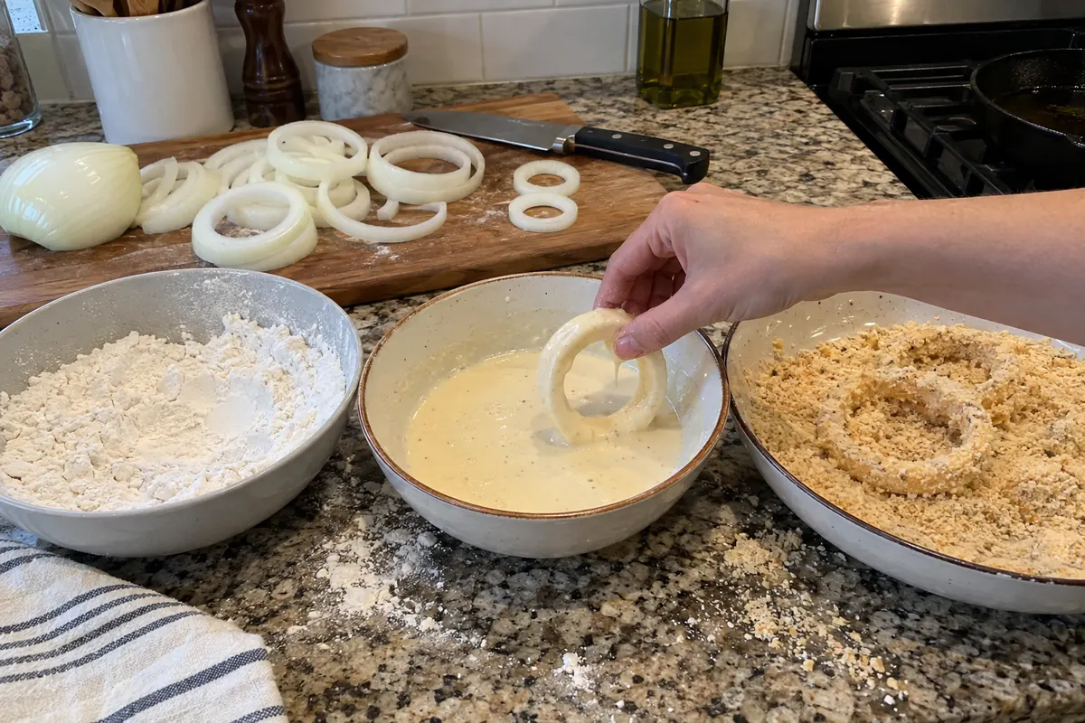 Breading station for homemade onion rings with bowls of flour, buttermilk-egg batter and breadcrumbs next to sliced raw onion rings