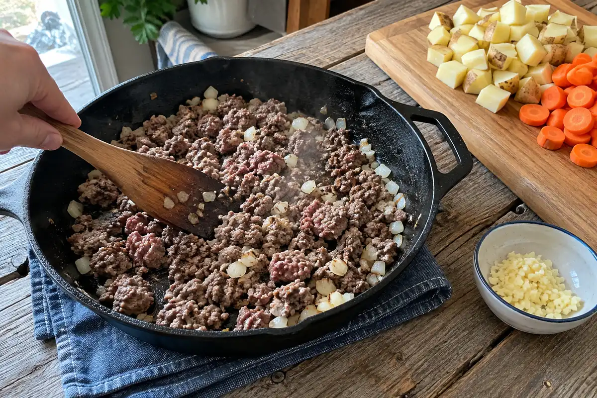 Browning ground beef and onion in a cast-iron skillet for slow cooker cowboy soup