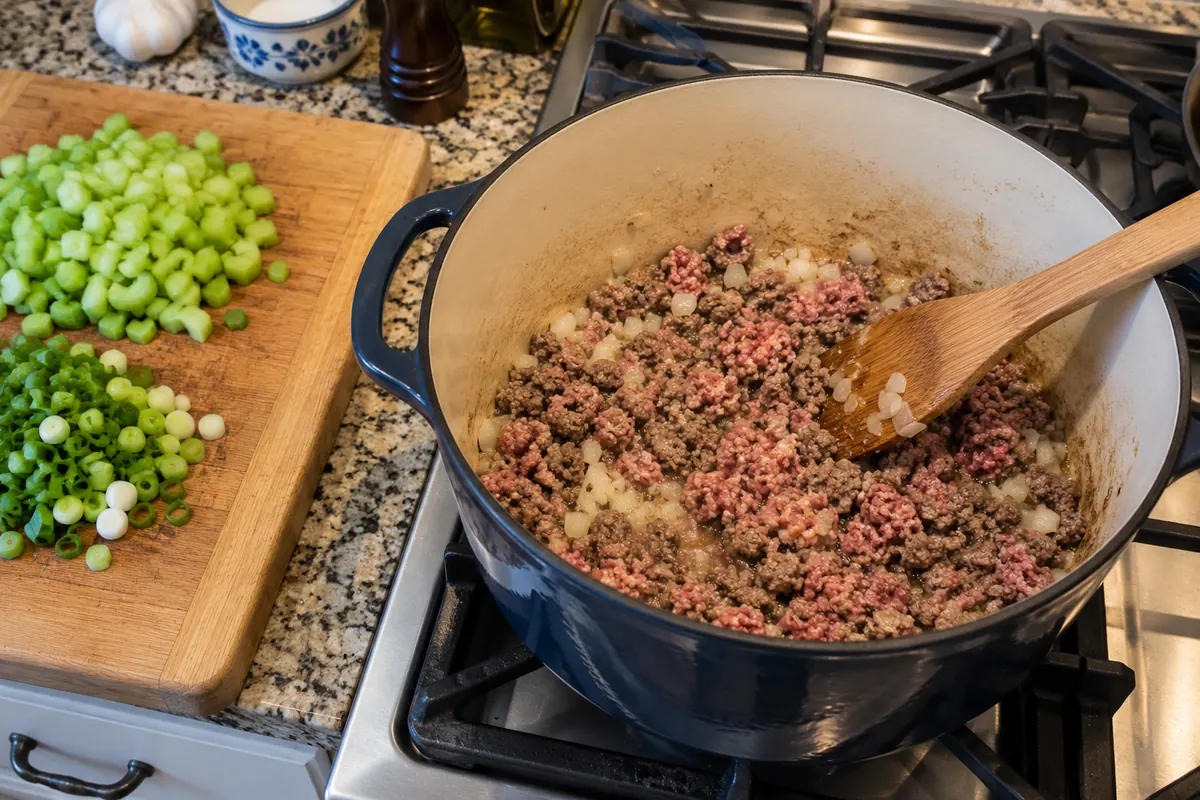 Browning ground beef and chopped onion in a large soup pot