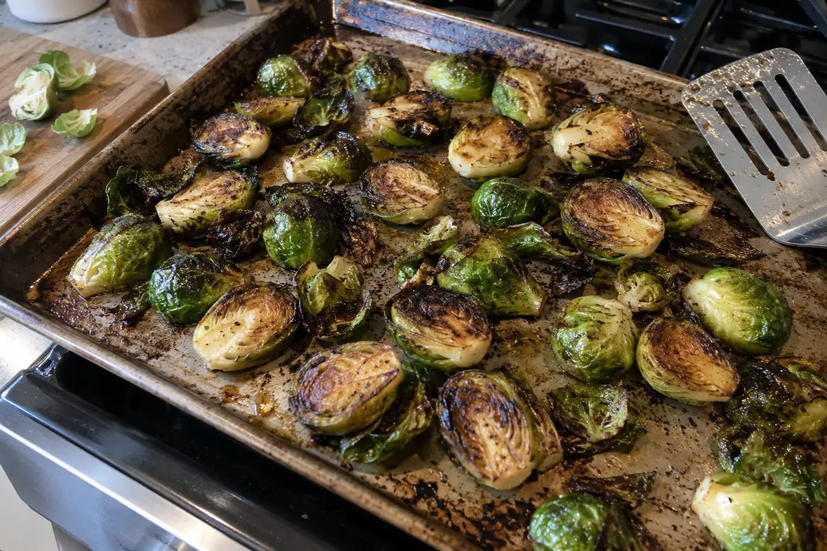 Halved brussels sprouts caramelizing cut side down on a sheet pan