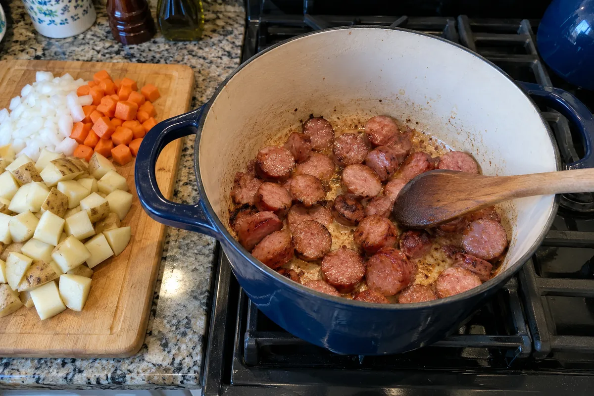 Browning sliced kielbasa in a Dutch oven for potato soup