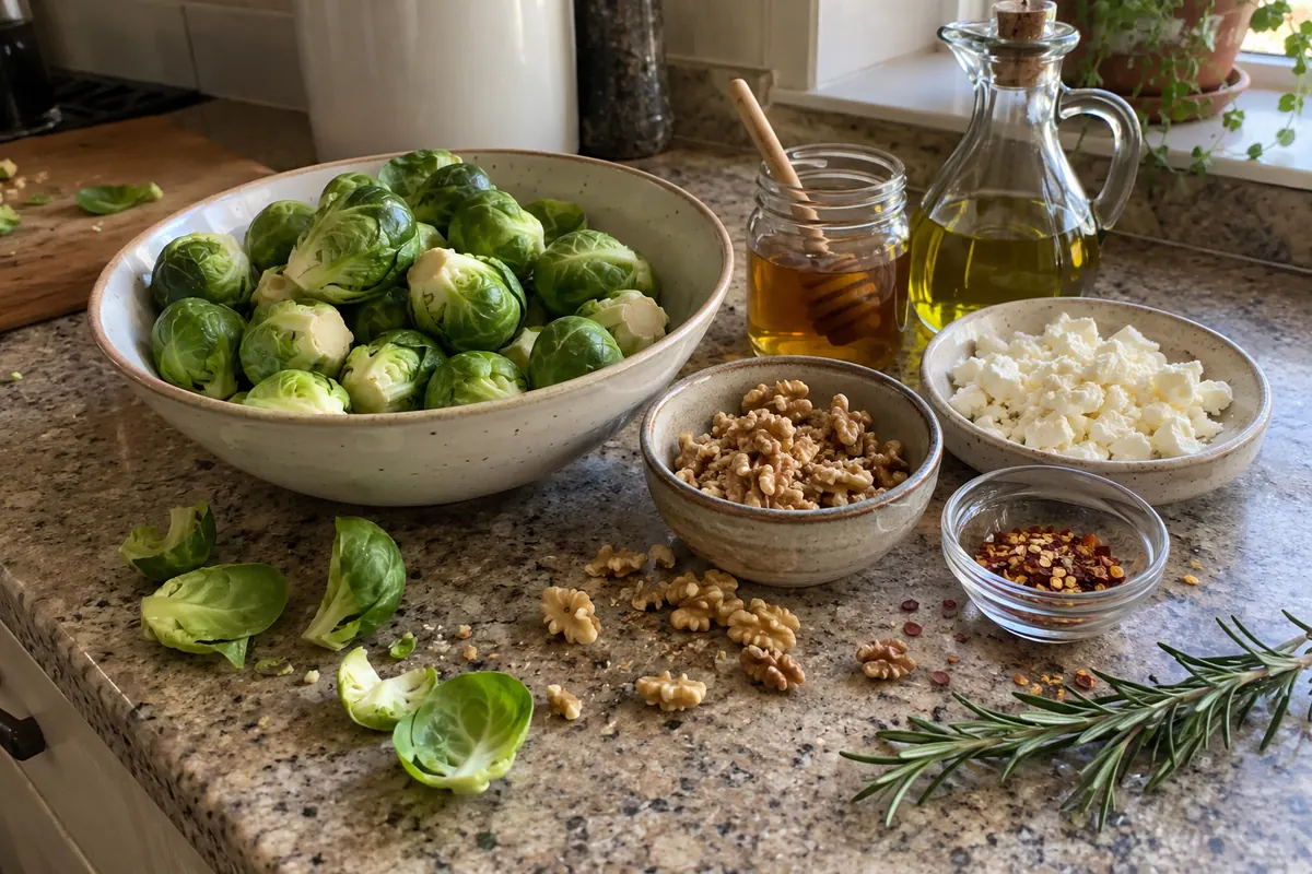 Ingredients for caramelized brussels sprouts on a kitchen counter in plain bowls: brussels sprouts, walnuts, feta, honey, chili flakes and olive oil