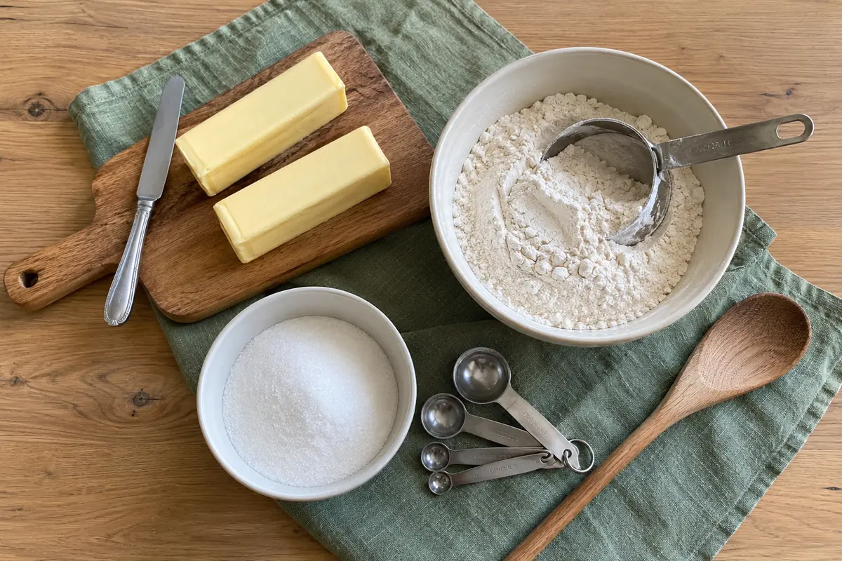 Ingredients for 3-ingredient butter cookies: butter on a wooden board, a bowl of sugar and a bowl of flour with measuring cups